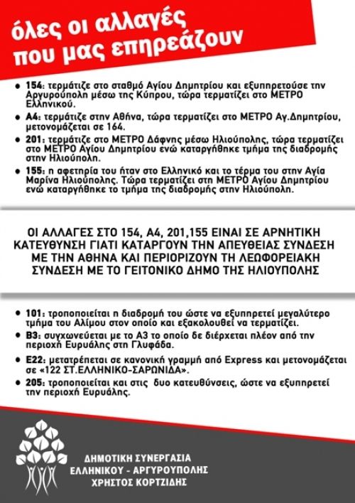 Δημοτική Συνεργασία Ελληνικού-Αργυρούπολης,  σχετικά με τις περικοπές των λεωφορείων από τον ΟΑΣΑ.