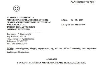 Ακύρωση της υπʼ αρ. 01/2017 Απόφασης του Δημοτικού Συμβουλίου Ηλιούπολης  (Έγκριση παράτασης συμβάσεων Ιδιωτικού Δικαίου Ορισμένου Χρόνου, ΥΕ Πυροπροστασίας.)